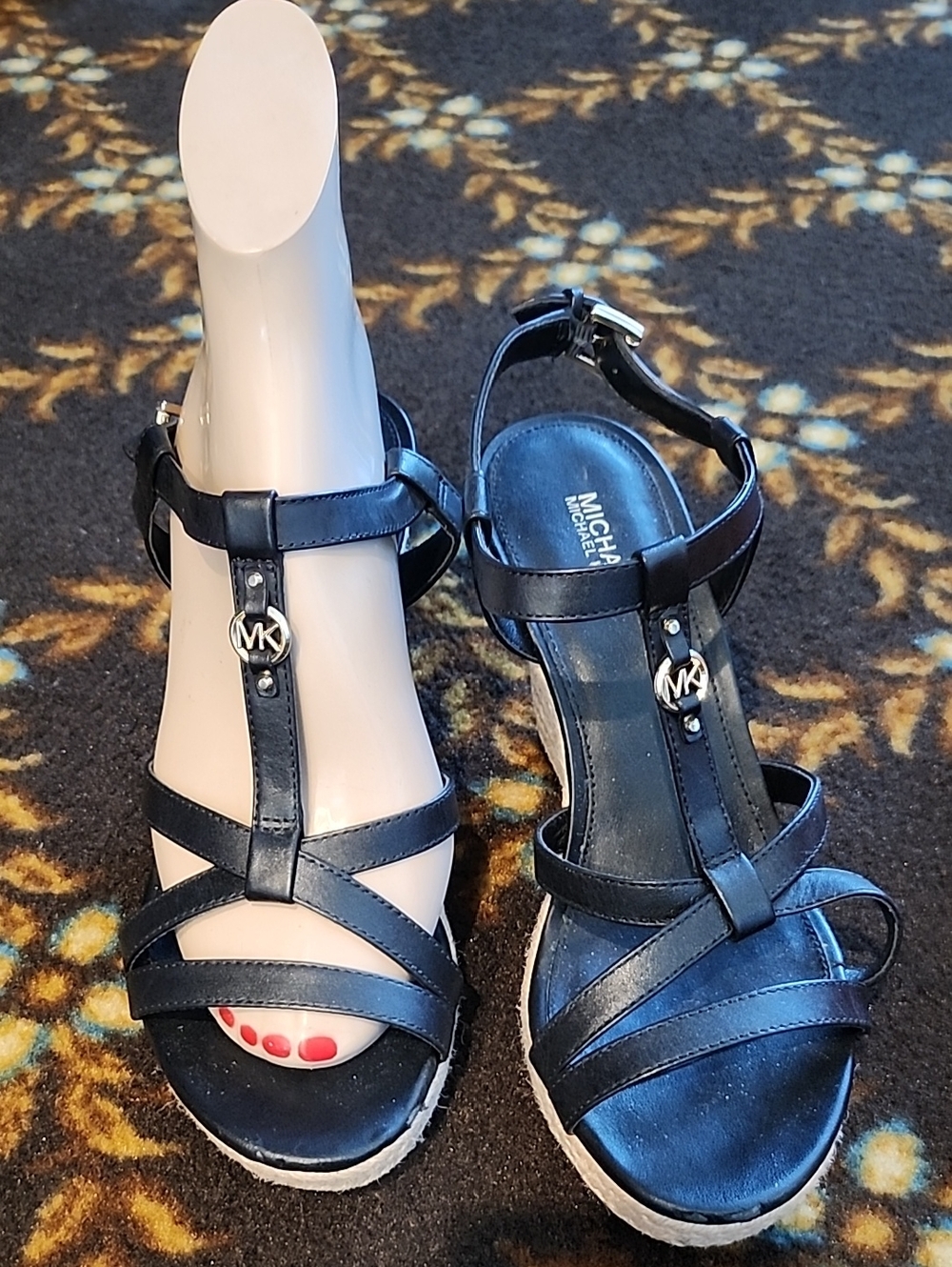 Michael Kors Black T-Strap Wedge Sandals